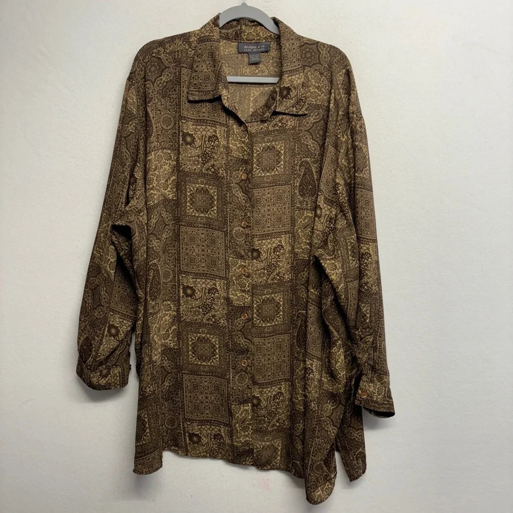 VTG Lane Bryant Designs &‎ Co Button Down Shirt Brown 26 / 28 Floral Flowy Tunic